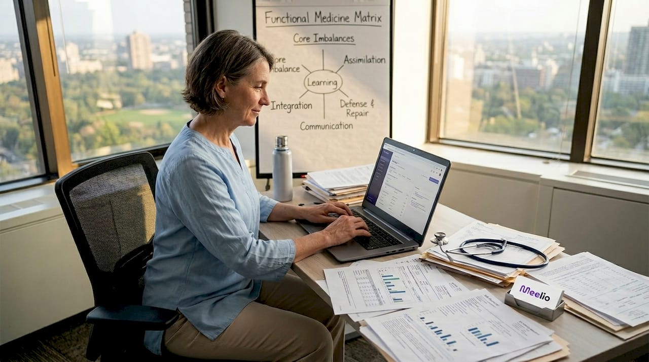 Practitioner updating care plan in sunny office
