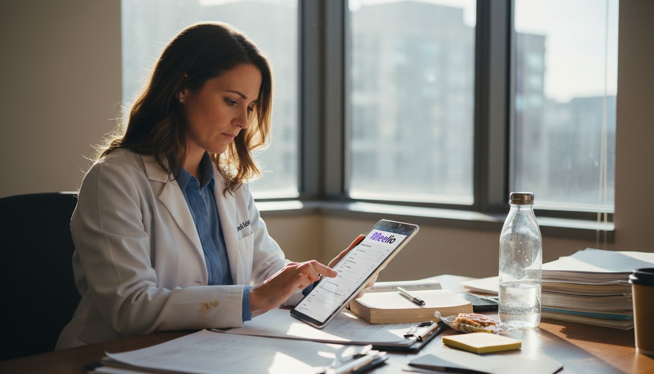 Clinician reviews patient data in messy office