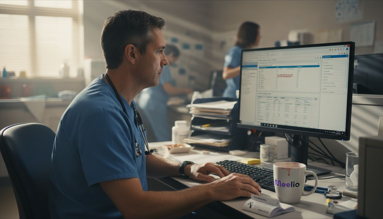 Doctor reviews patient chart at office desk