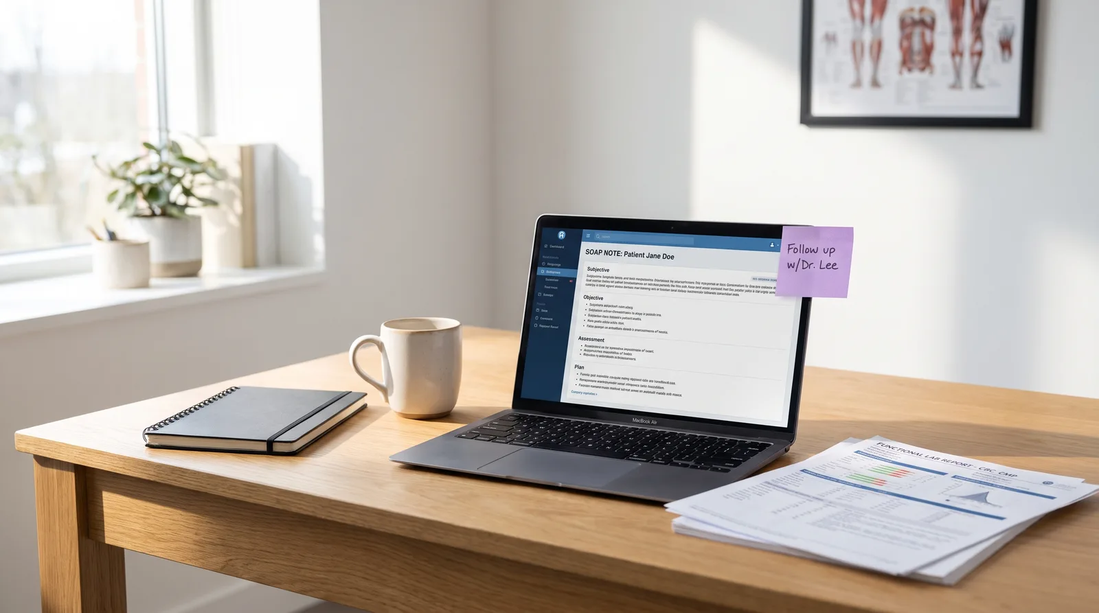 Clean clinical desk showing a laptop with Meelio open next to a warm cup of coffee and some printed functional medicine lab reports