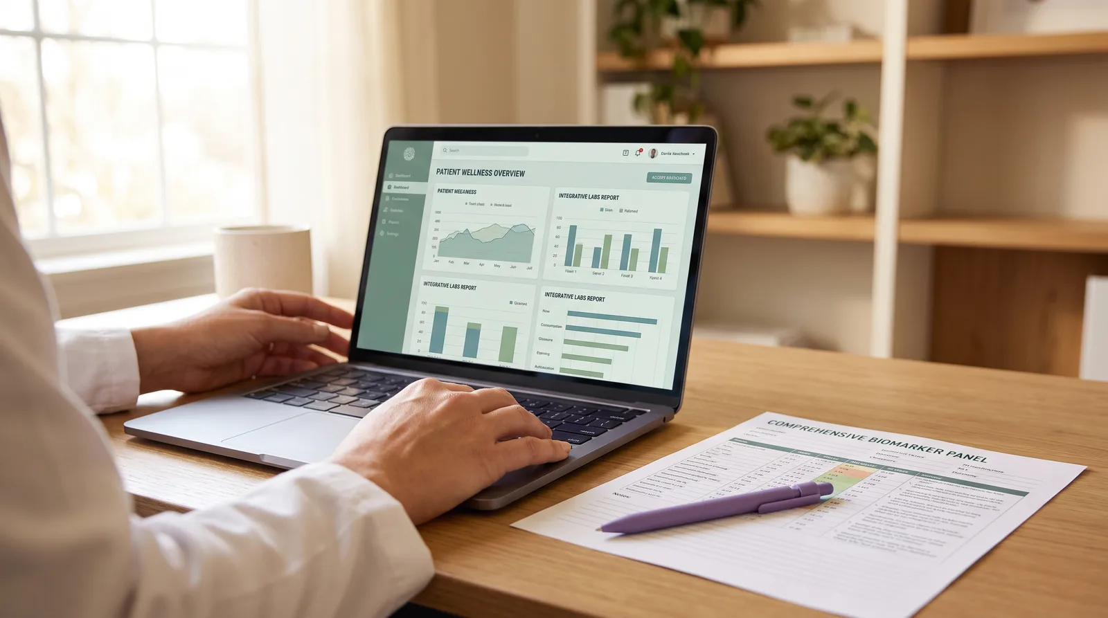 A functional medicine practitioner reviewing digital lab charts integrated with an EHR.
