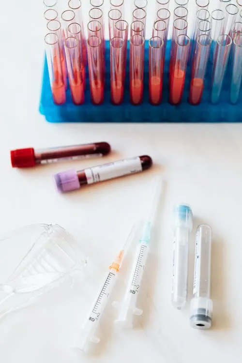 Syringes and labeled test tubes arranged on a laboratory table for hormone analysis