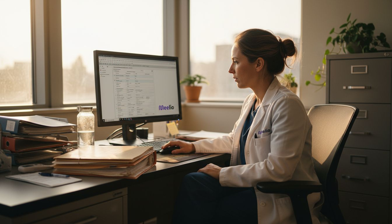 Clinician reviews patient workflow at clinic desk