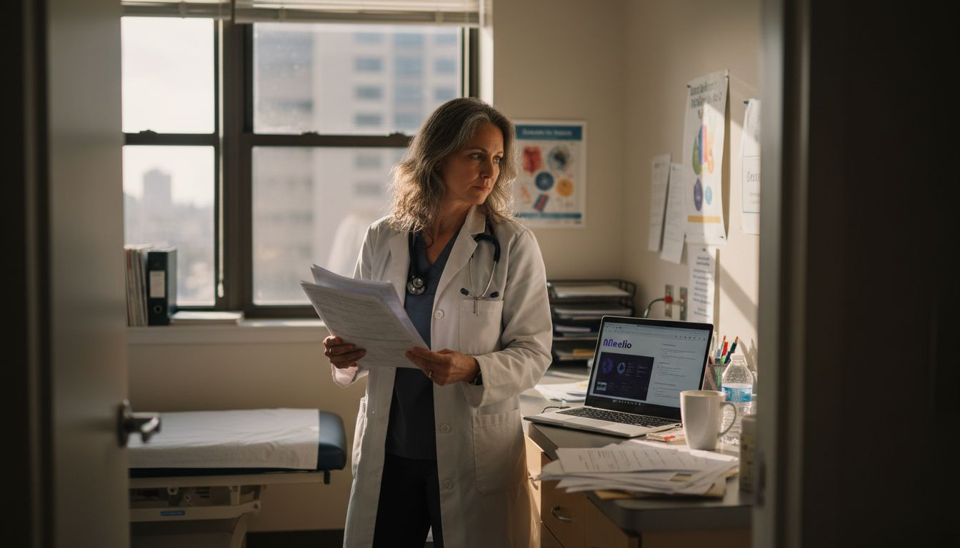 Doctor reviews chart and laptop in hospital room