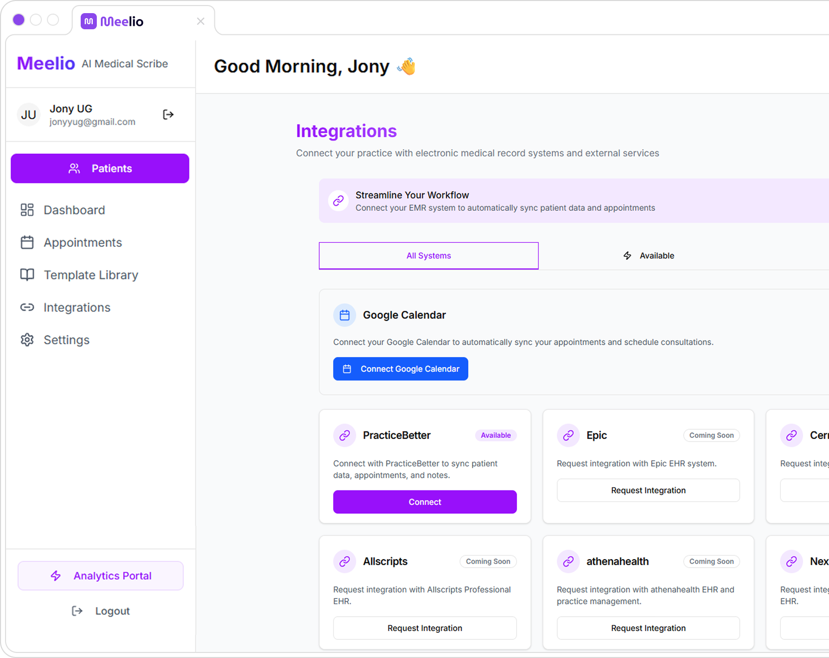 Meelio + Practice Better Integration Interface