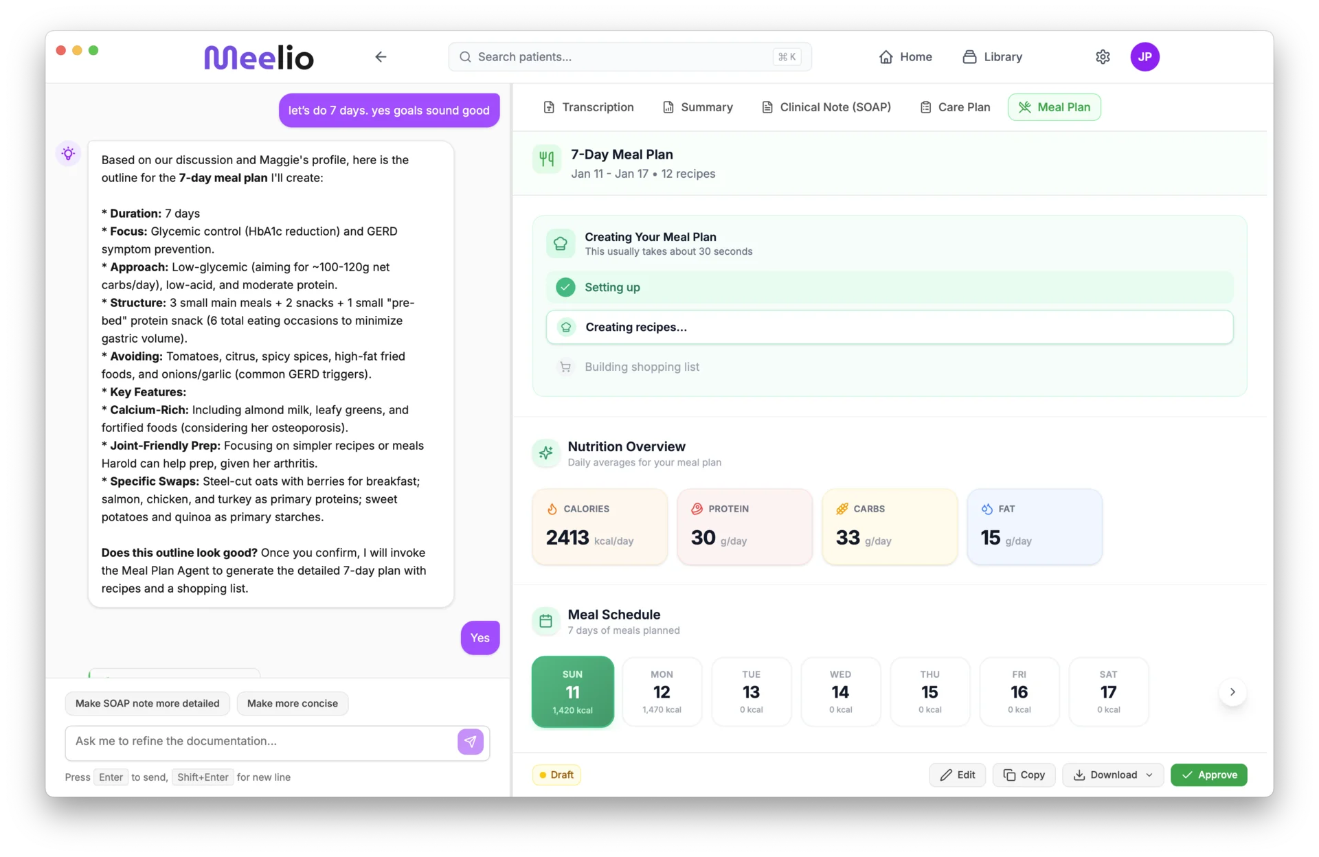 Meelio Meal Planning Interface for Nutritionists